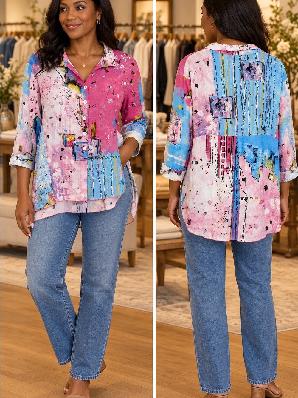 JOHN MARK Artistic Pink & Blue Button-Down Shirt Size M